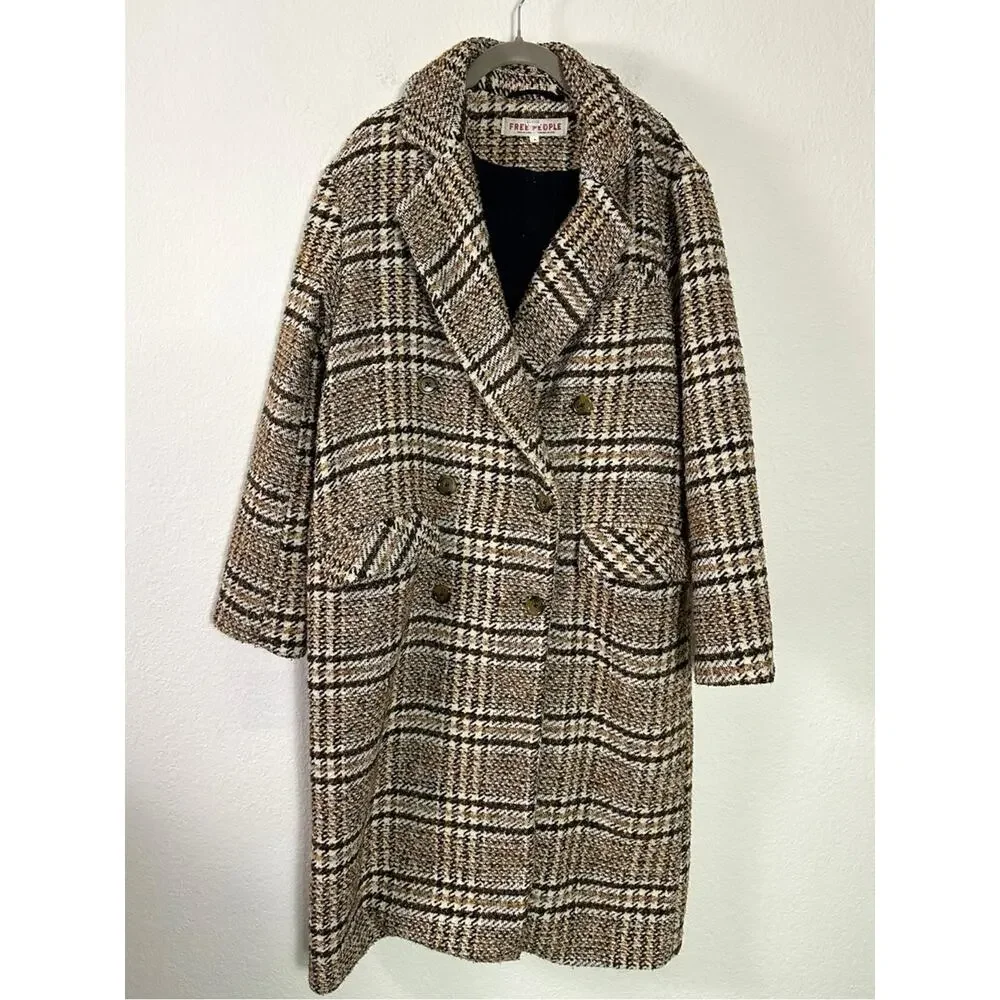Free People Grunge Preppy Adore You Plaid Longline Wool Coat Brown Small